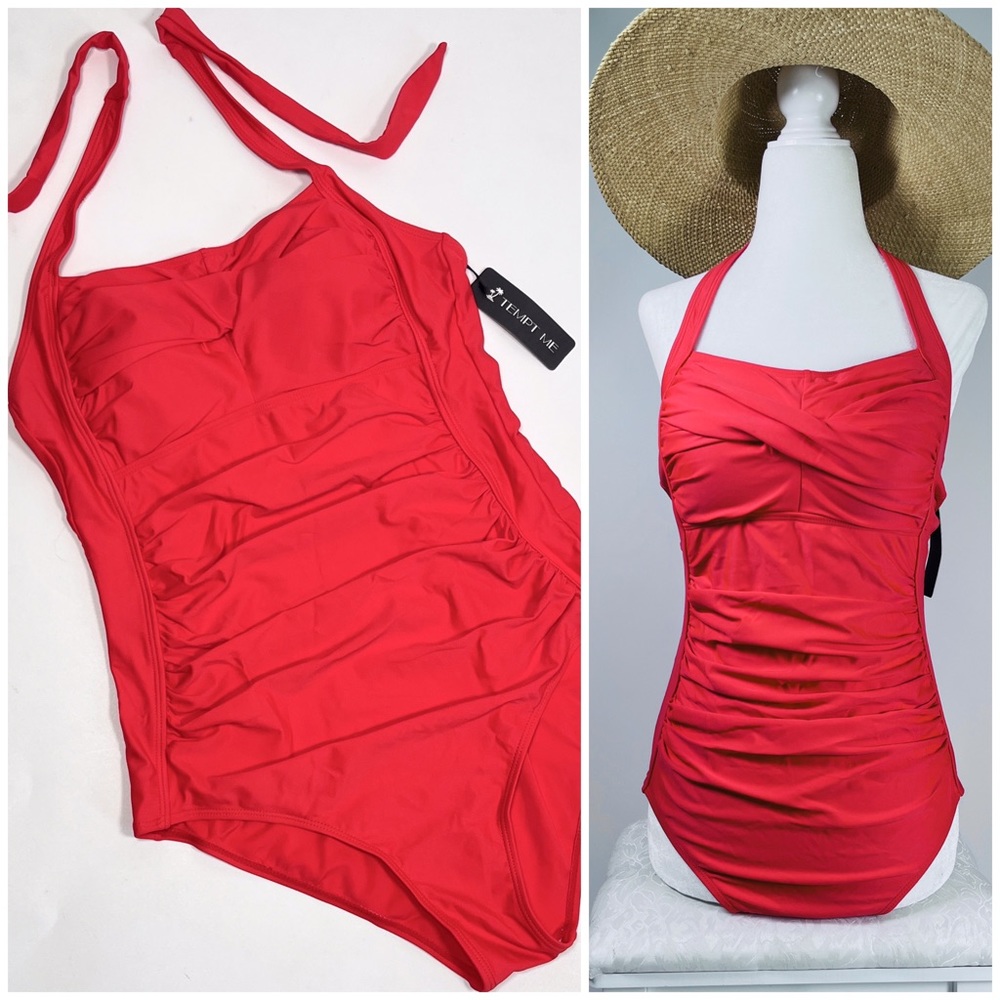 NEW! TEMP ME red swimsuit one piece, solid open back